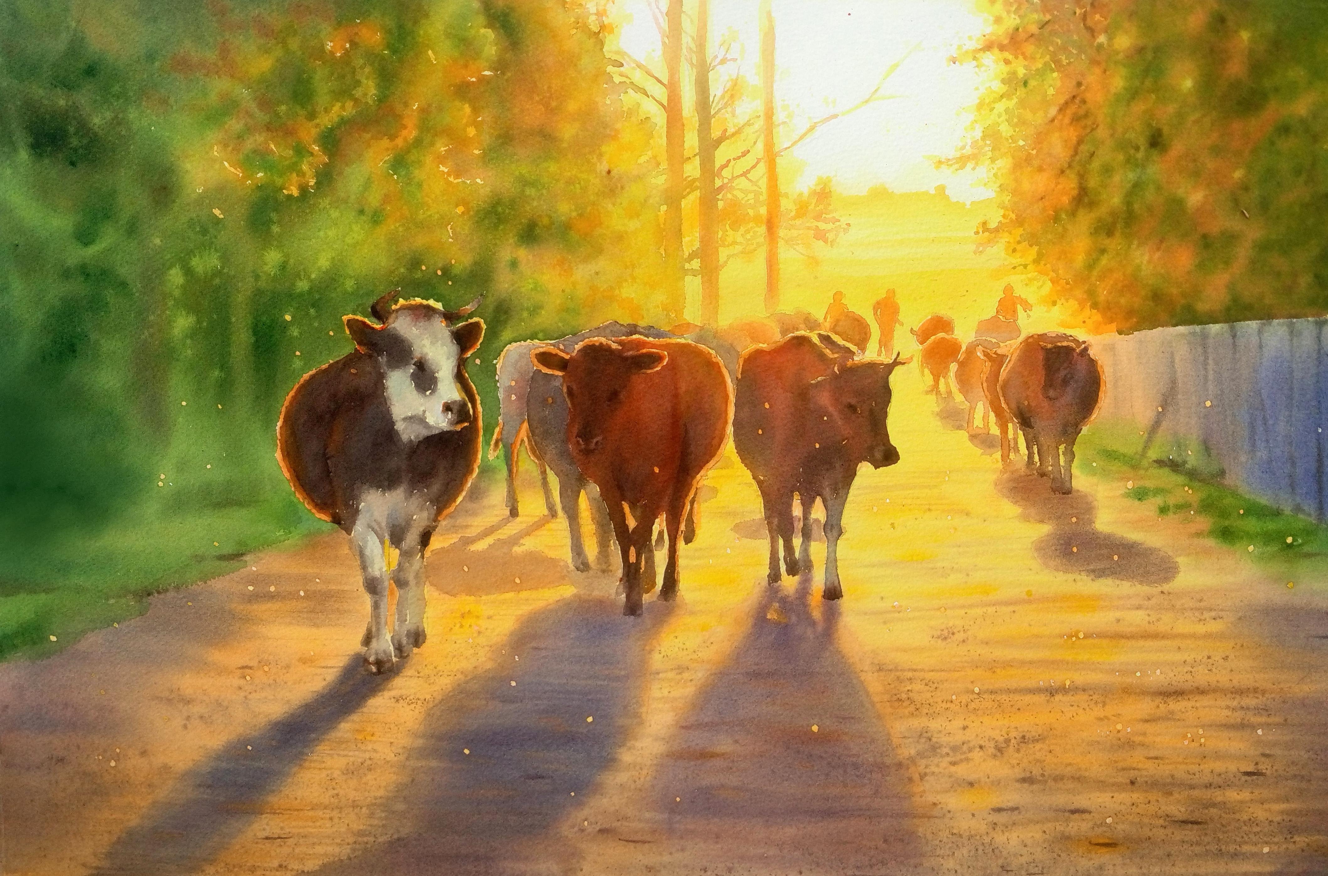 Корова на сочном лугу по имени. Пейзаж с коровами. Коровы в живописи. Деревенский пейзаж с коровами. Коровы пасутся в деревне.