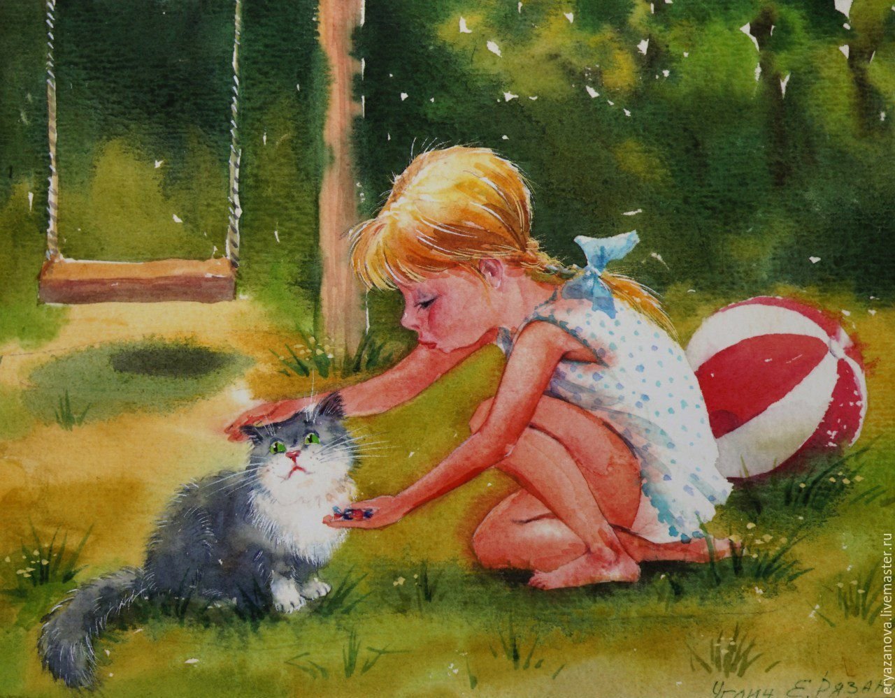Сюжет на тему добра. Девочка с котятами. Дети с кошкой в живописи.