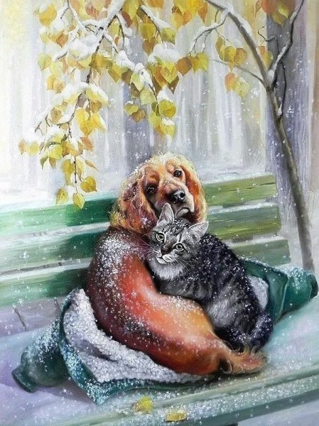 Собака зимой живопись