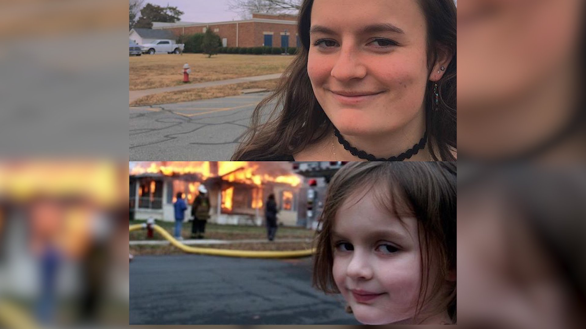 Мем где девочка на фоне горящего дома