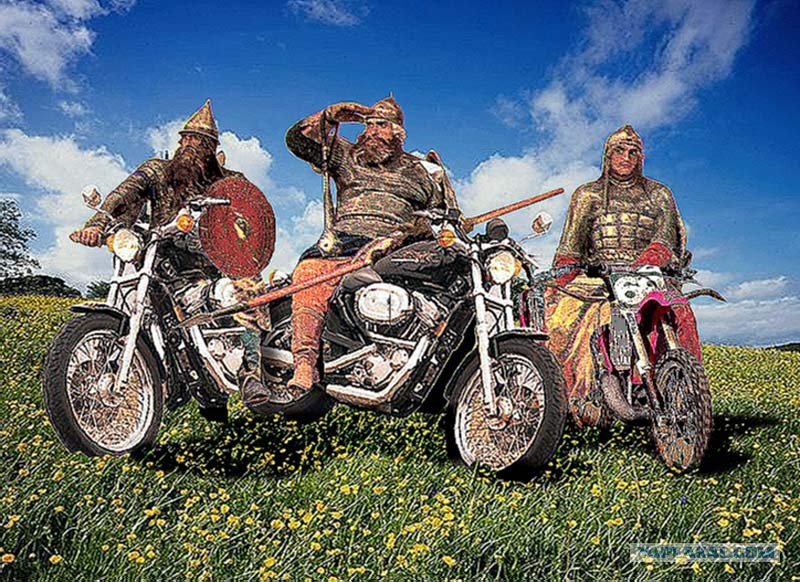 Богатыри пародия. Богатыри на мотоциклах. Смешные мотоциклы. Три богатыря на мотоциклах. Трое мотоциклистов.