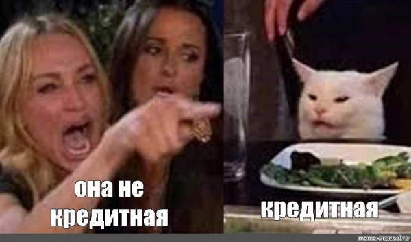 Мем с кричащей женщиной и котом за столом