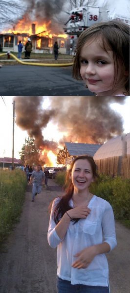 Девочка на фоне горящего дома