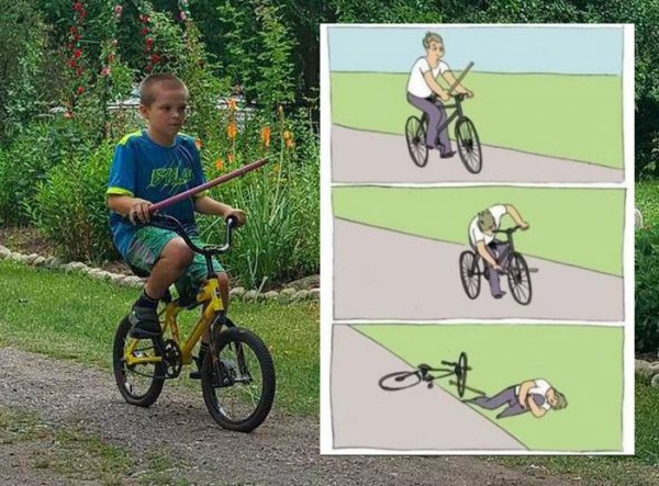 Велосипедист вставляет палку в колесо