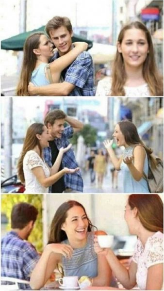 Мем с парнем и двумя девушками