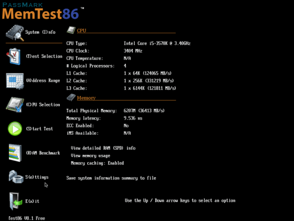 Memtest86 Интерфейс