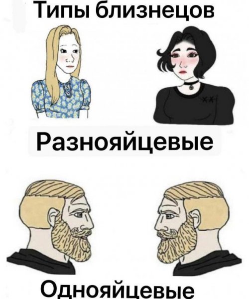 Мем с двумя мужчинами с бородой и девушками