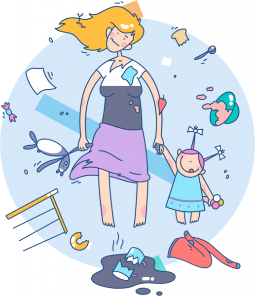 Уставшая мама с детьми