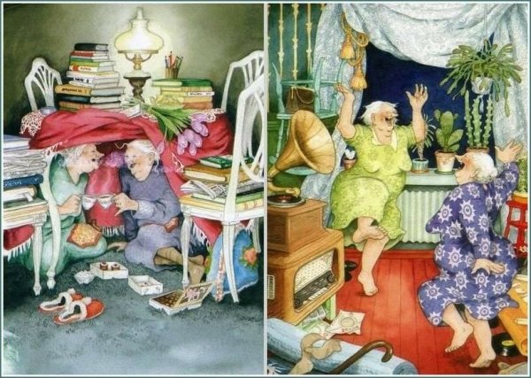 Веселые старушки финской художницы Инге Лоок с надписями