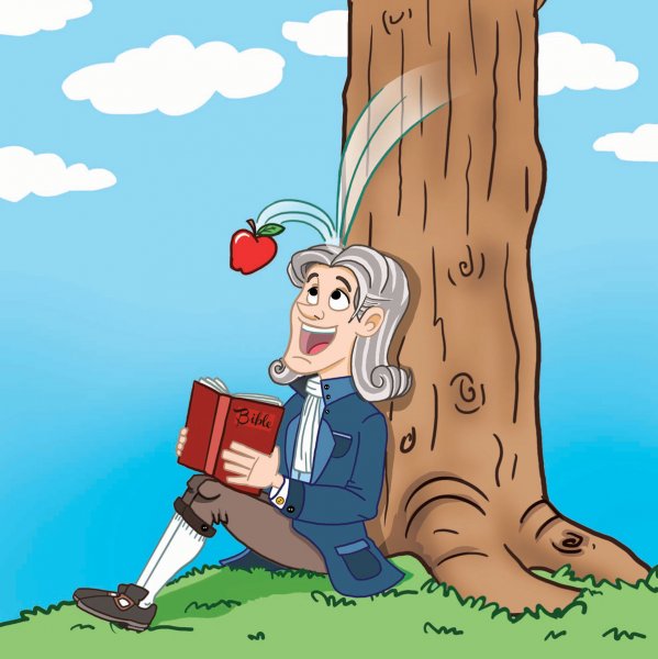 Исаак Ньютон карикатура с яблоком