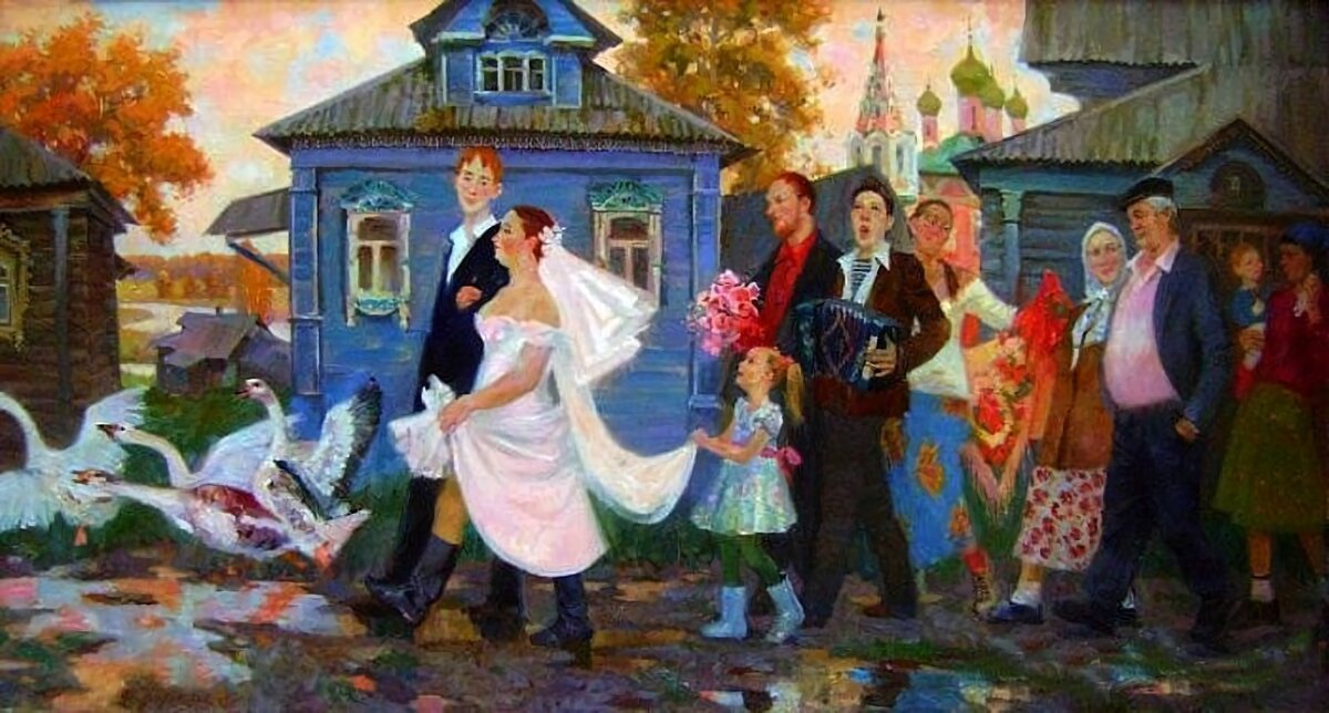 Изображена веселая деревенская свадьба. Ткачевы картина«свадьба в Дуброво» (1988-1997). Картины сюжетные композиции.