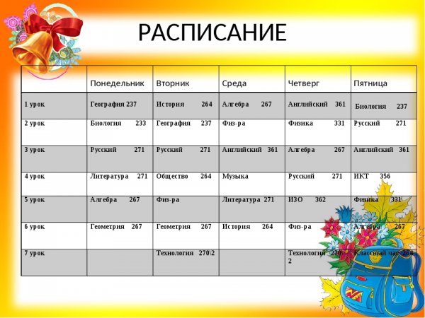 Расписание на понедельник