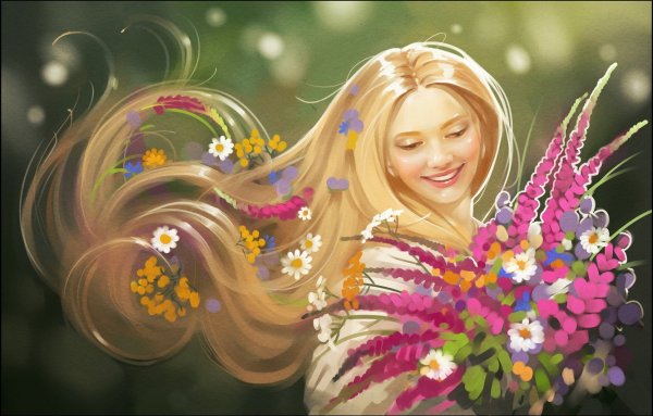 Счастливая женщина с цветами