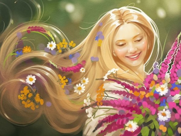 Счастливая женщина с цветами