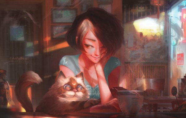 Девочка с котом арт