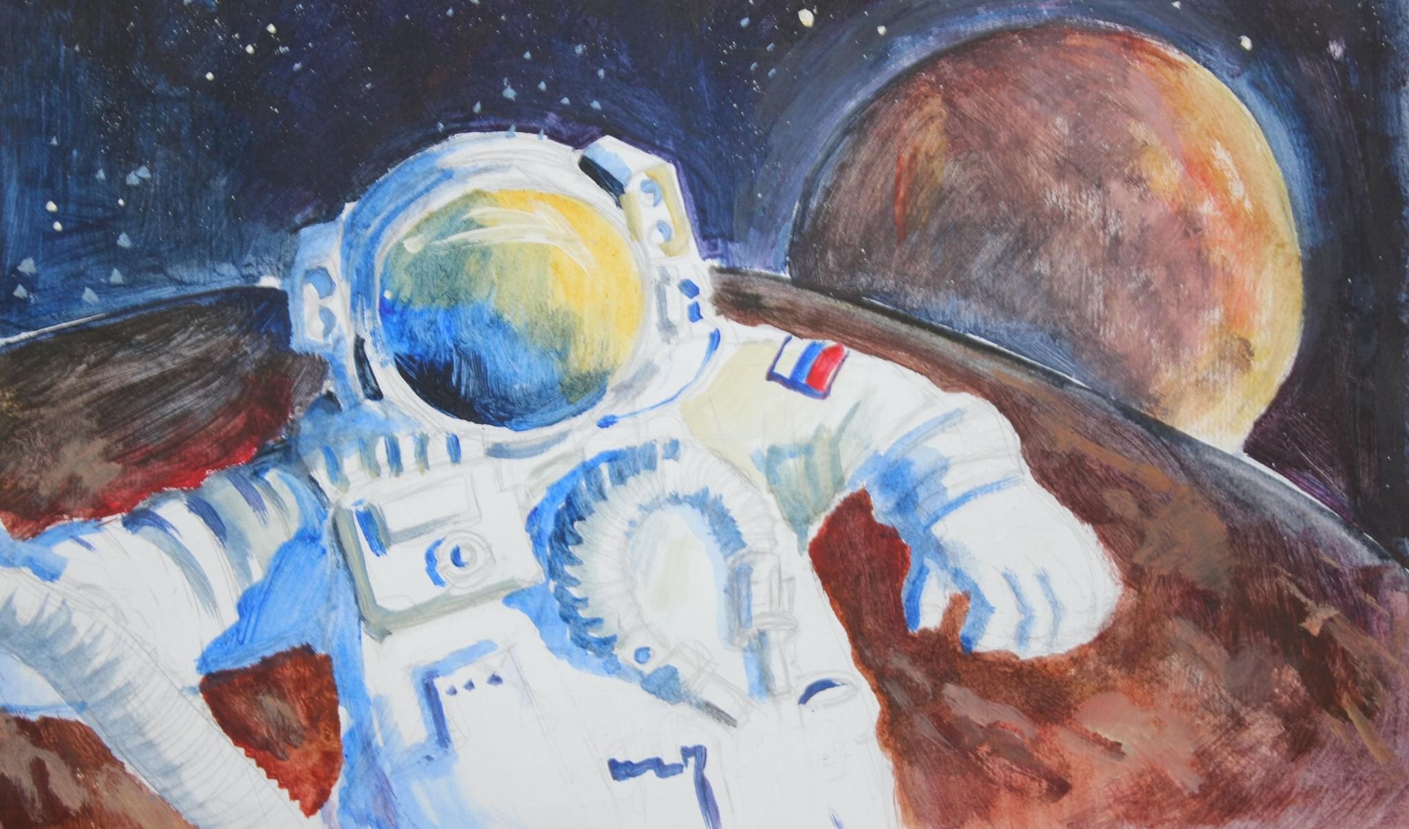 День космонавтики рисунок в школу 2 класс. Портрет Космонавта Юрия Гагарина акварелью. Рисунок на тему космос. Рисунок на космическую тему.