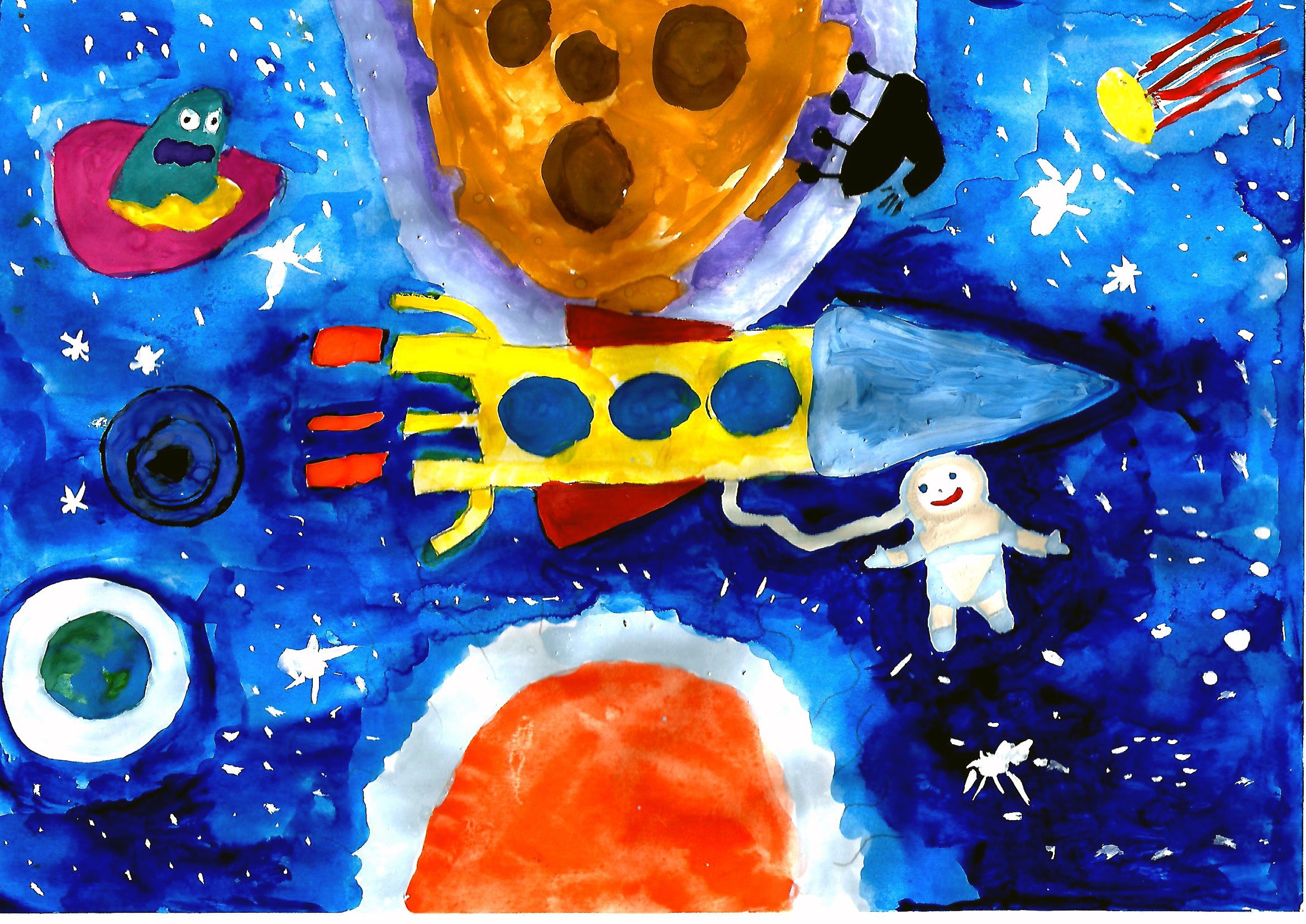 Детские работы ко дню космонавтики. Космос рисунок для детей. Рисование для детей космос. Детские рисунки на тему космос. Рисование в детском саду путешествие в космос.