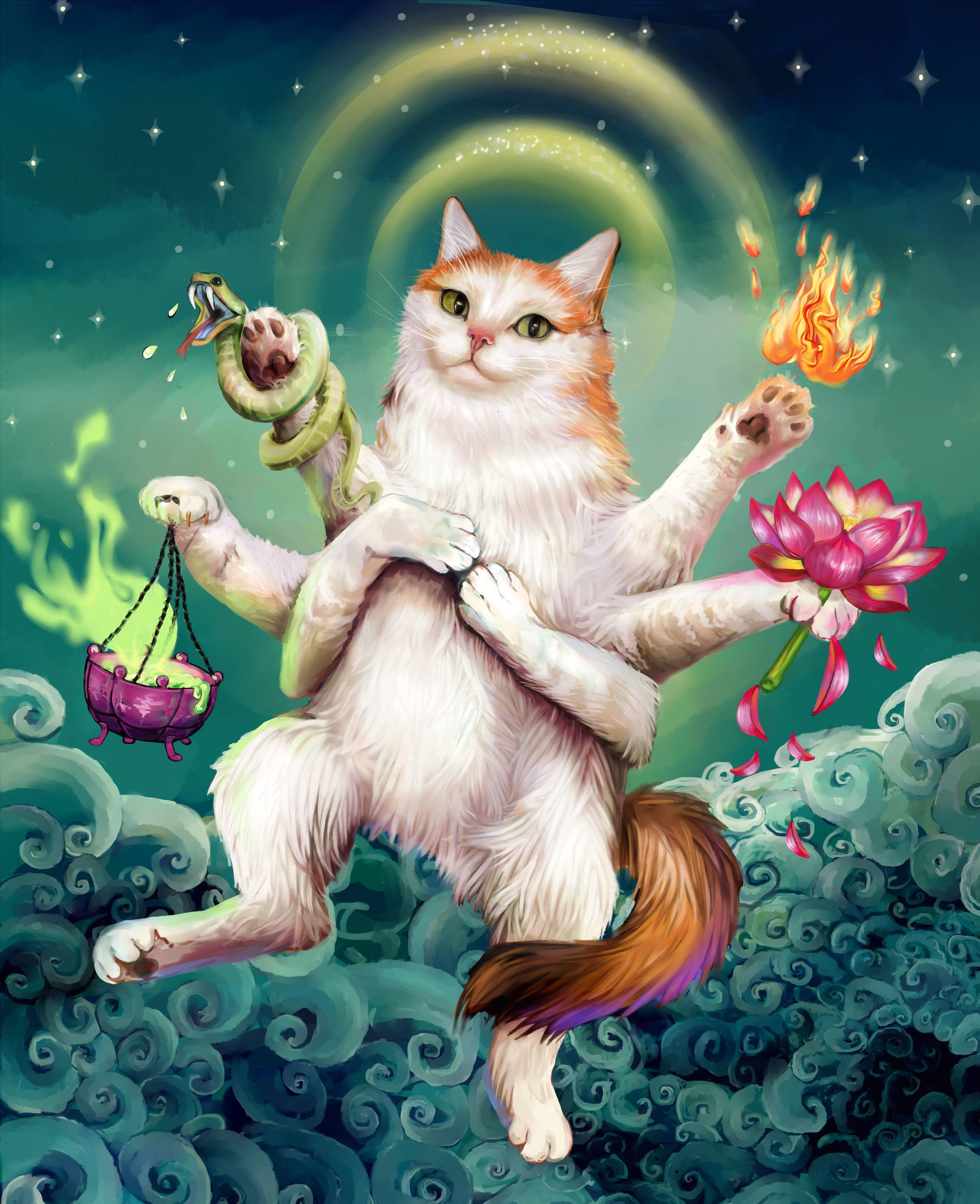 День уважения кошки картинки прикольные. Сказочная кошка. Коты боги. Божественный кот. Волшебные коты.