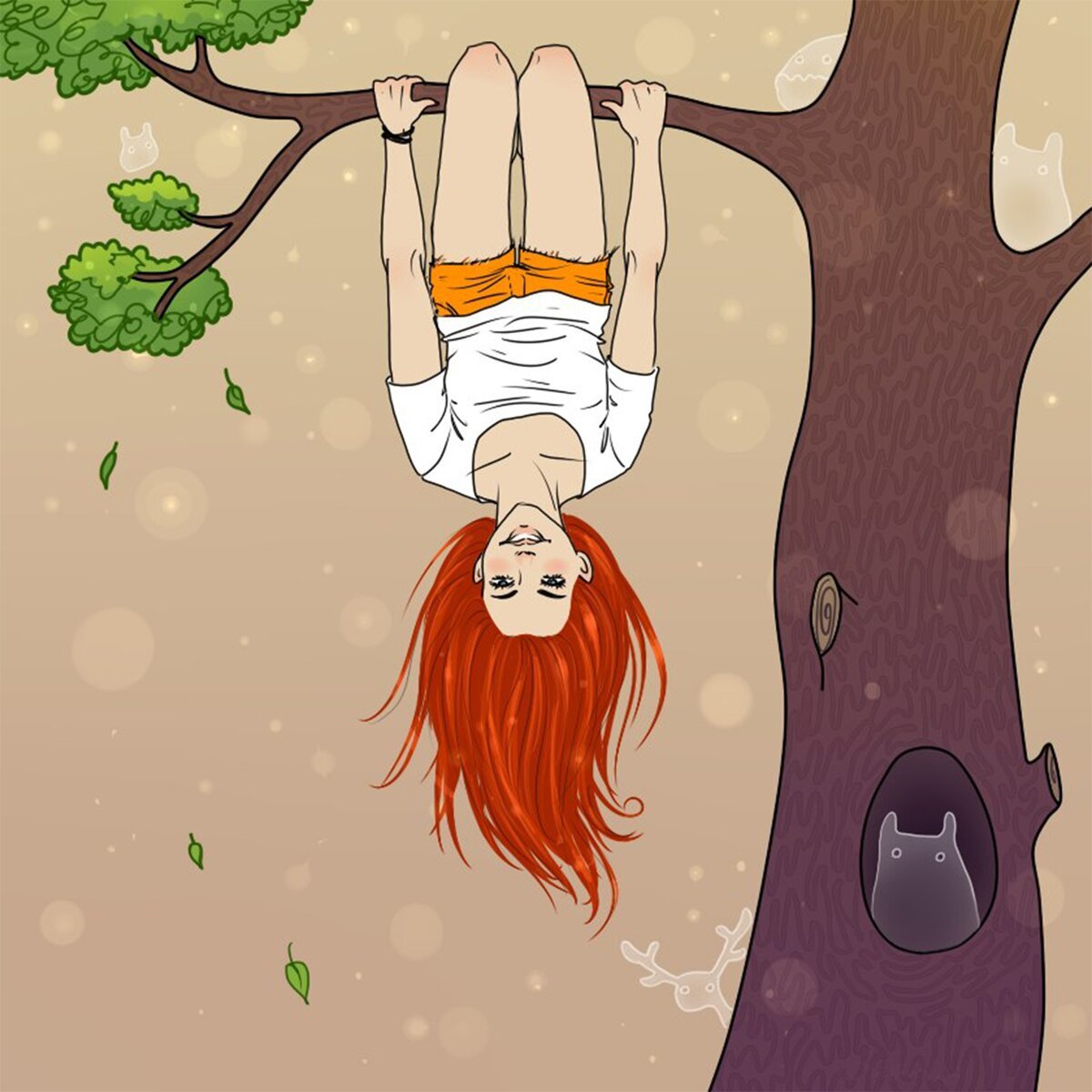 Почему нельзя вниз головой. Девушка висит на дереве. Рисунок рыжей девушки. Рыжая девочка рисунок. Девушка на дереве вниз головой.