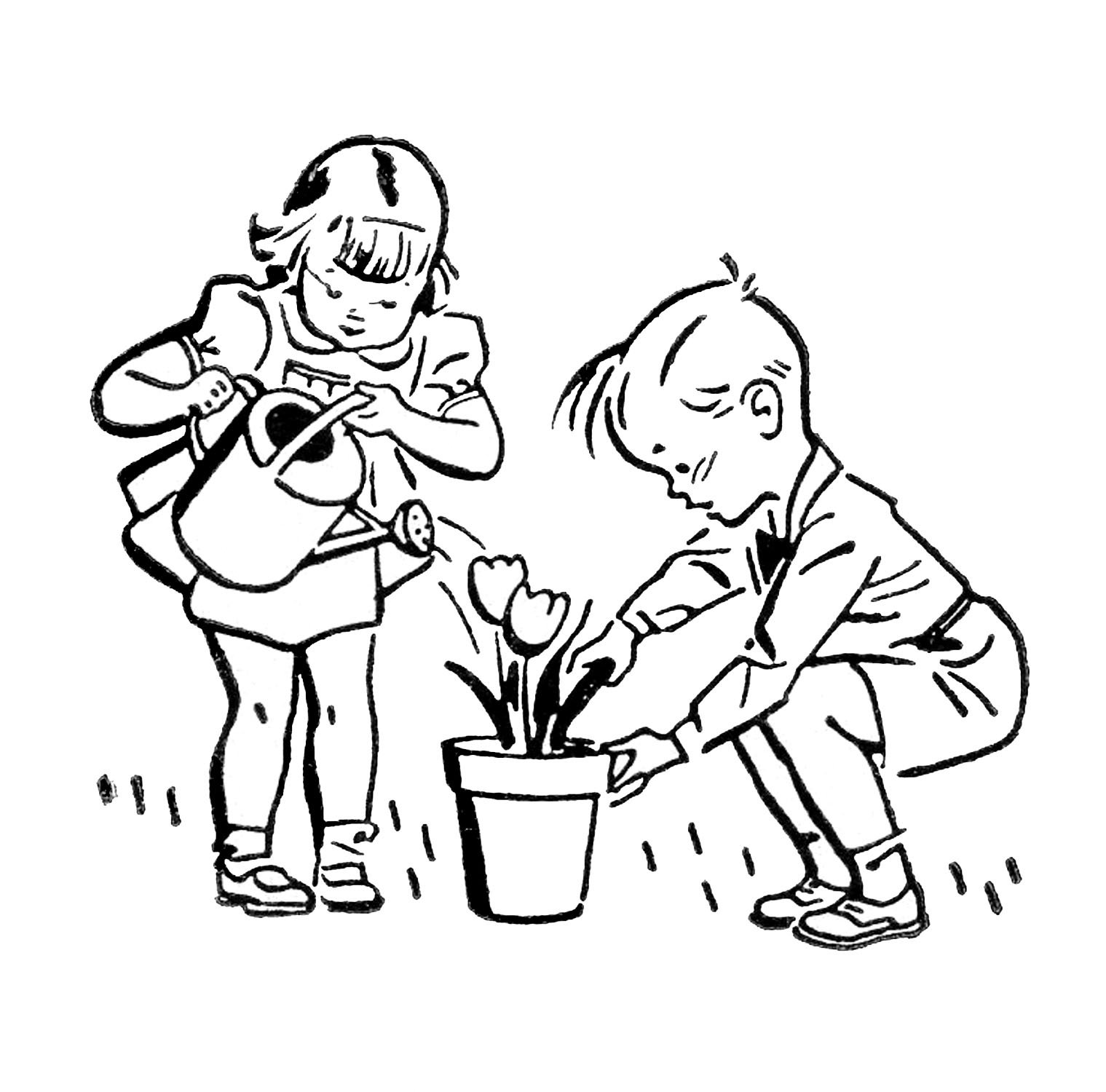 Дети сажают цветы раскраска