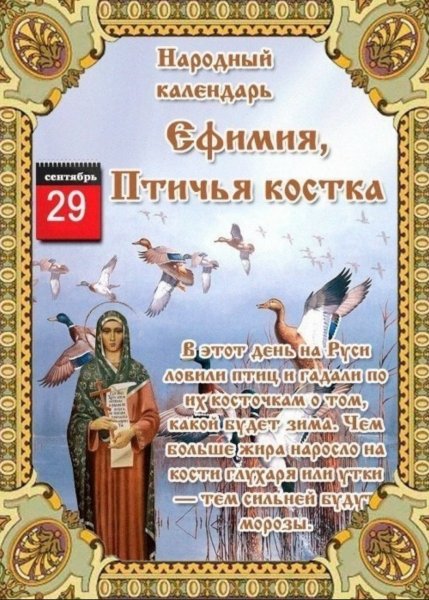 29 Сентября Ефимия Птичья Костка народные приметы