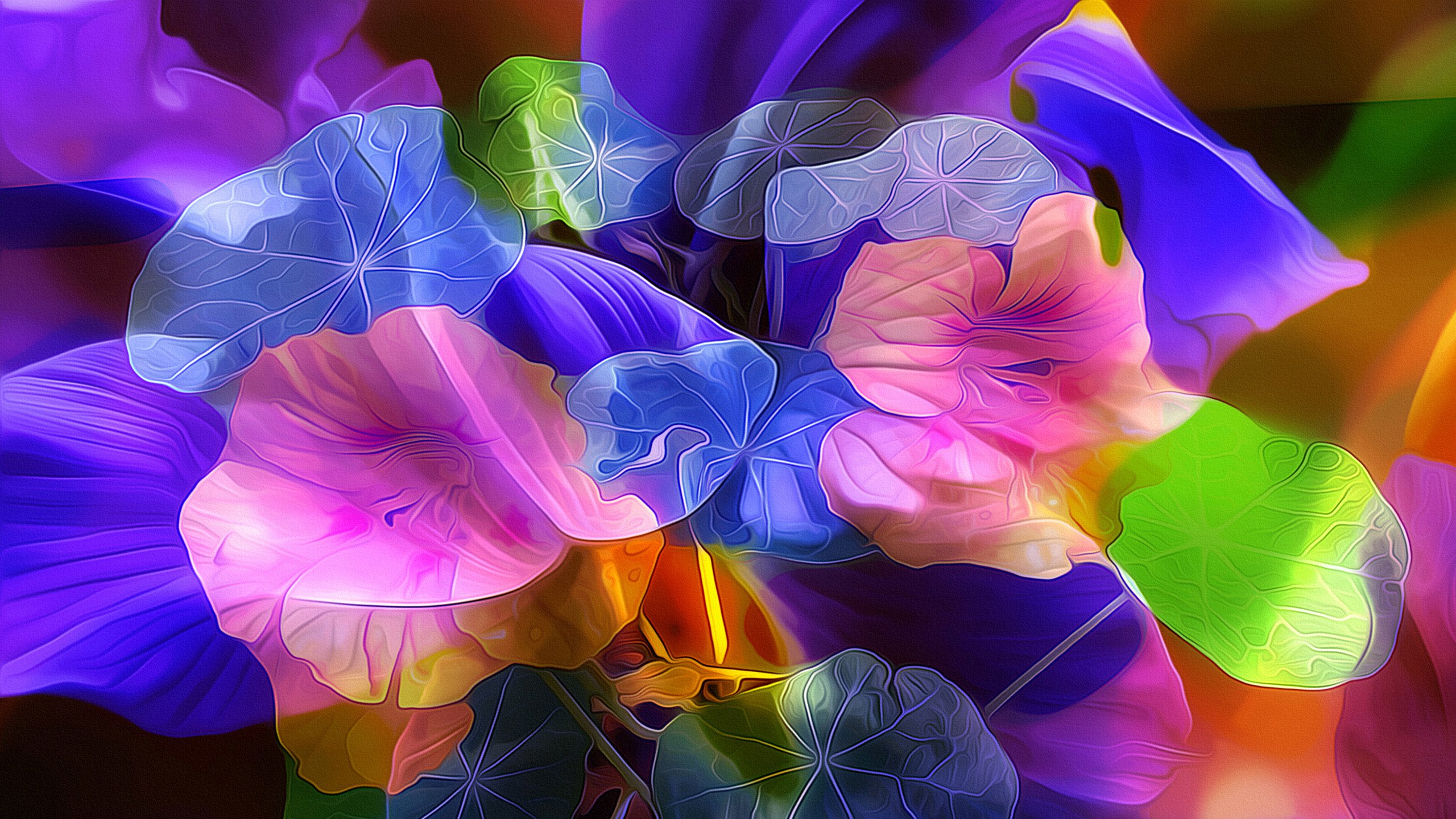 Фиолетово зеленые обои. Яркие цветы. Разноцветные цветы. Абстрактные цветы. Красивая абстракция.