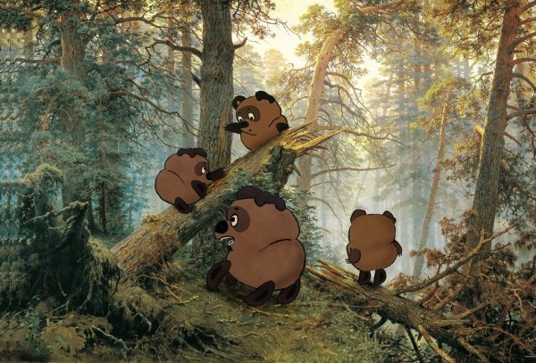 Охотник на дереве и медведь