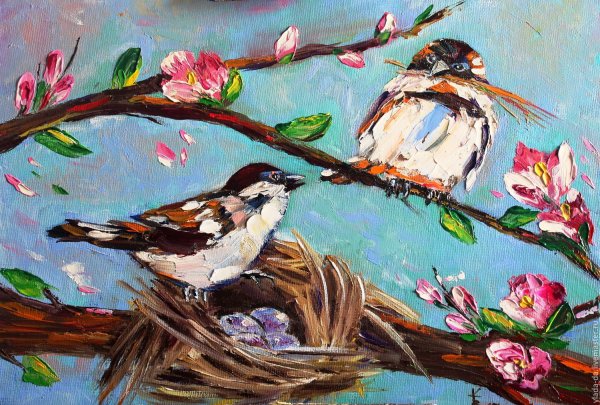 Весенние птицы живопись