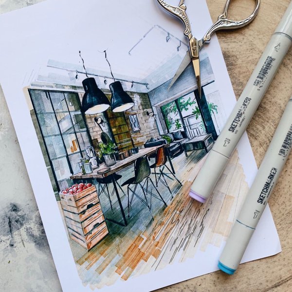 Скетч города маркерами