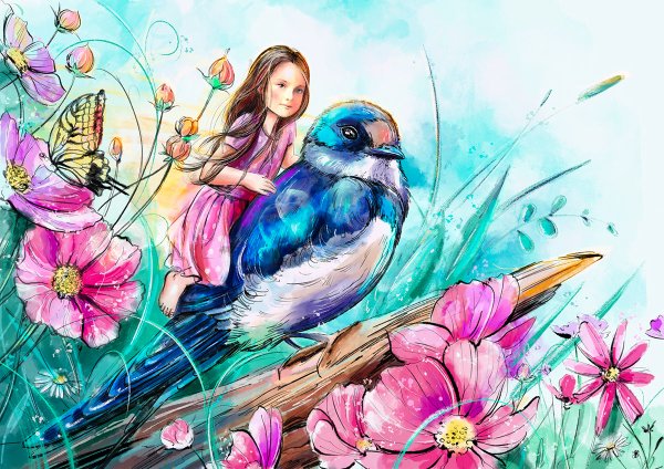 Дюймовочка в цветах птицы