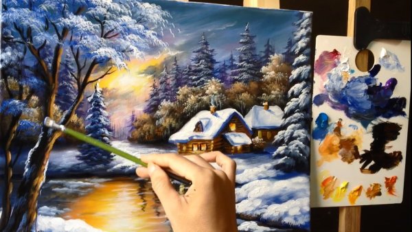Зимний пейзаж акриловыми красками