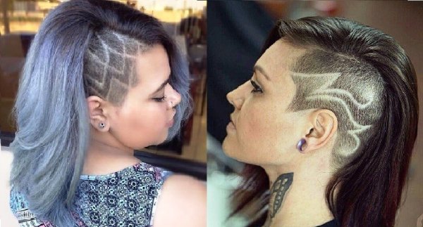 Женская стрижка с выбритым узором на Виске