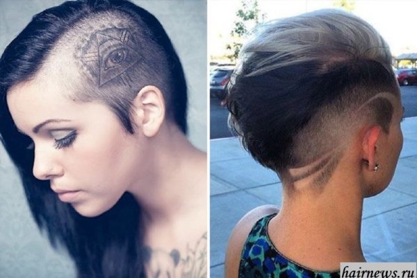 Стрижка с выбритыми висками и рисунком женская