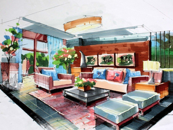 Интерьер гостиной акварелью