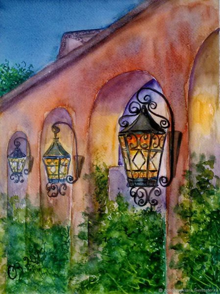 Уличный фонарь акварель
