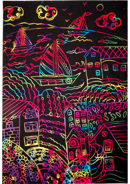 Ночной город в технике граттаж