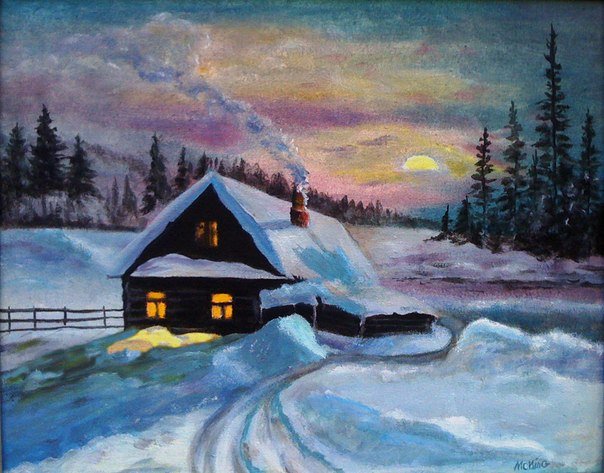 Был долгий зимний вечер. Зимний домик гуашью. Зимний деревенский пейзаж гуашью. Зима в деревне гуашью.