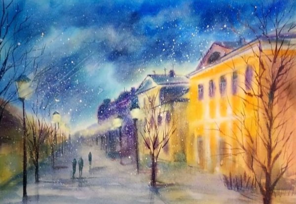 Зимний город акварель