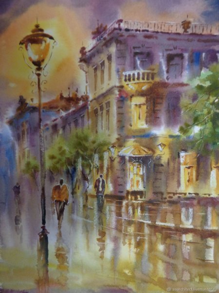 Город вечером акварель