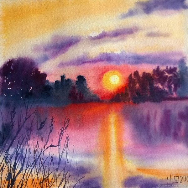 Акварель по сырому пейзаж