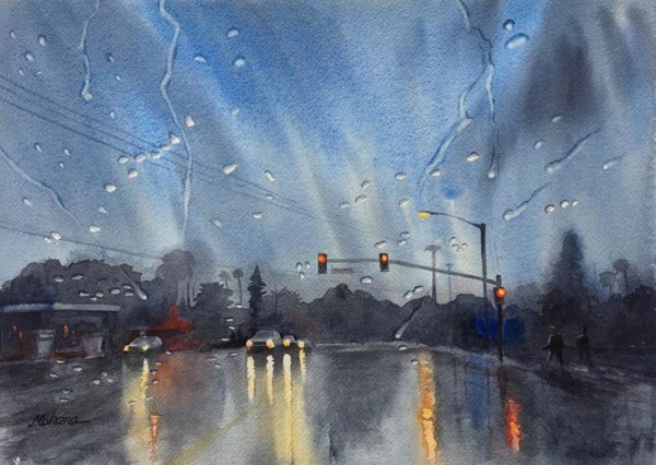 Зимний вечер акварель