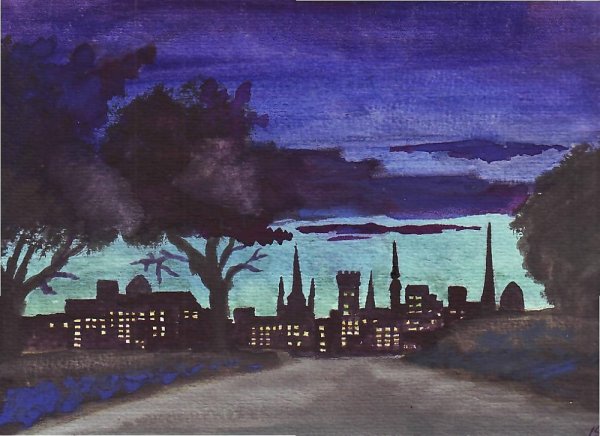 Ночной город гуашью
