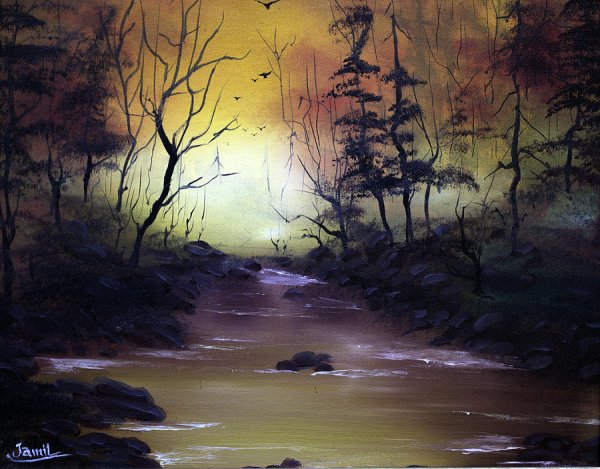 Вечерний пейзаж акварелью