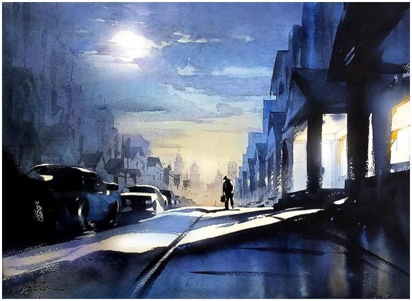 Вечерний пейзаж акварелью