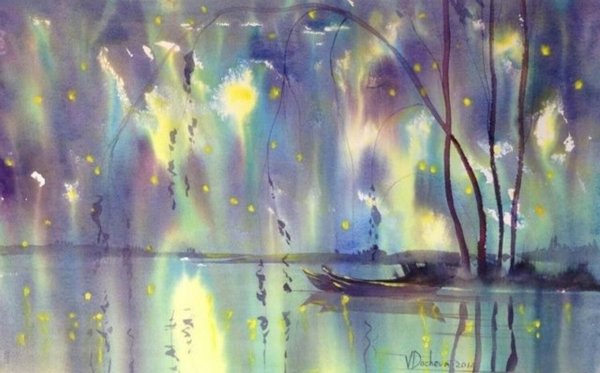 Ночной пейзаж гуашью