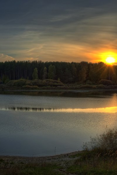 Закат лес река