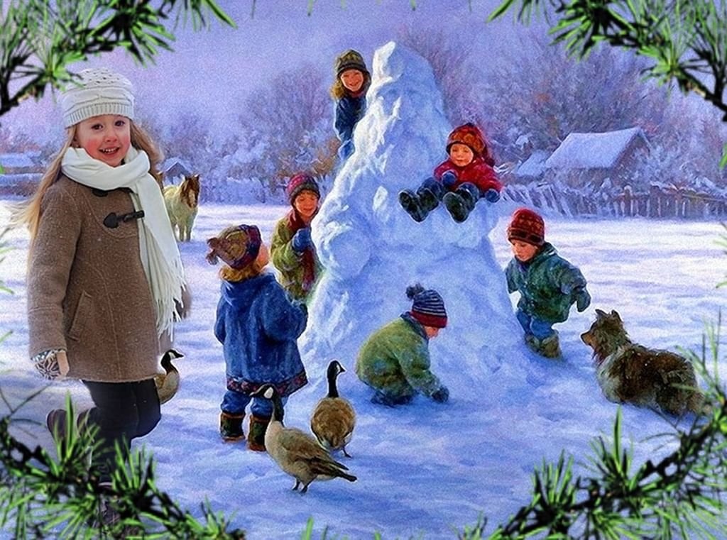 Зима детские. Зима для детей. Зимние забавы. Зимний пейзаж для детей.