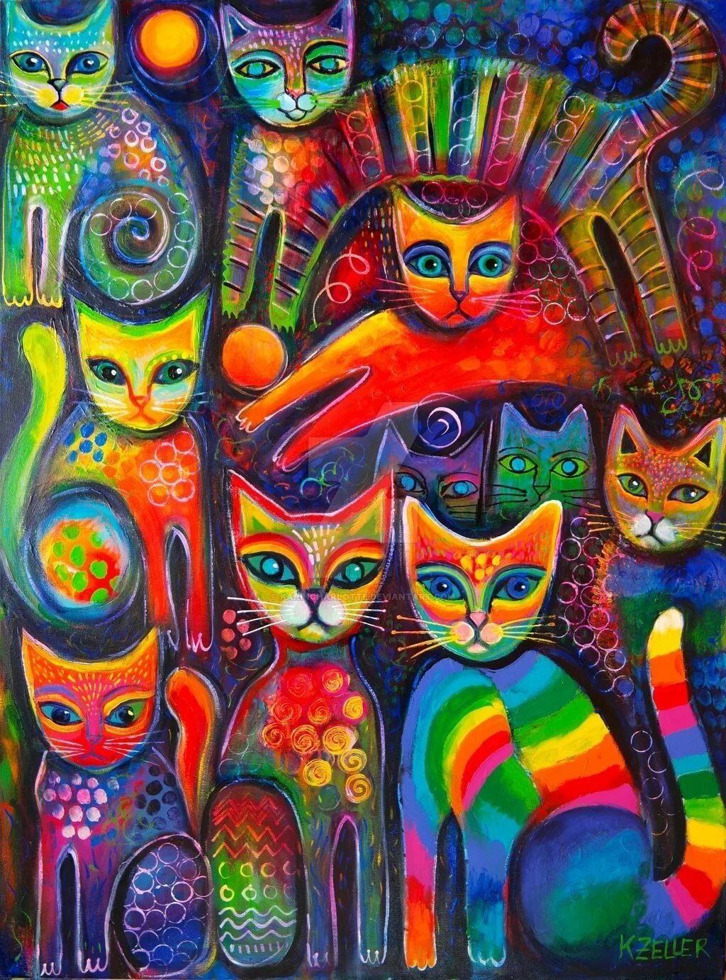 Цветные картинки кошек. Художница Карин Целлер коты. Радужный кот. Разноцветный кот. Яркие картины.