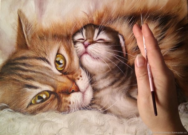 Серая кошка с котятами