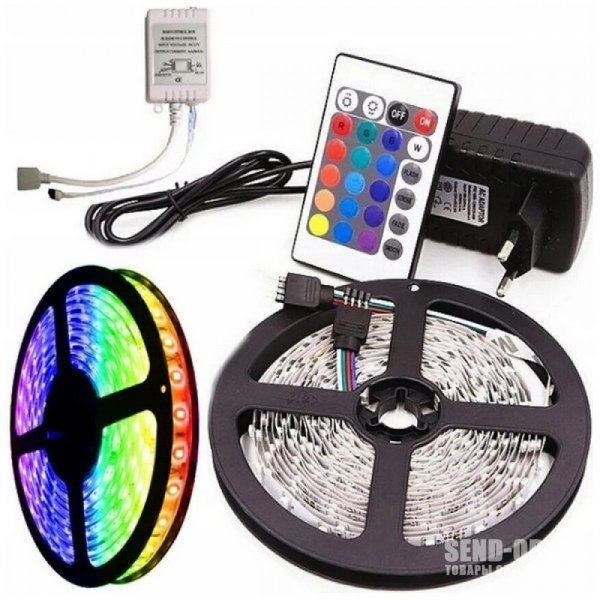 Лента светодиодная RGB, 5м, (адаптер, трансформ., пульт)